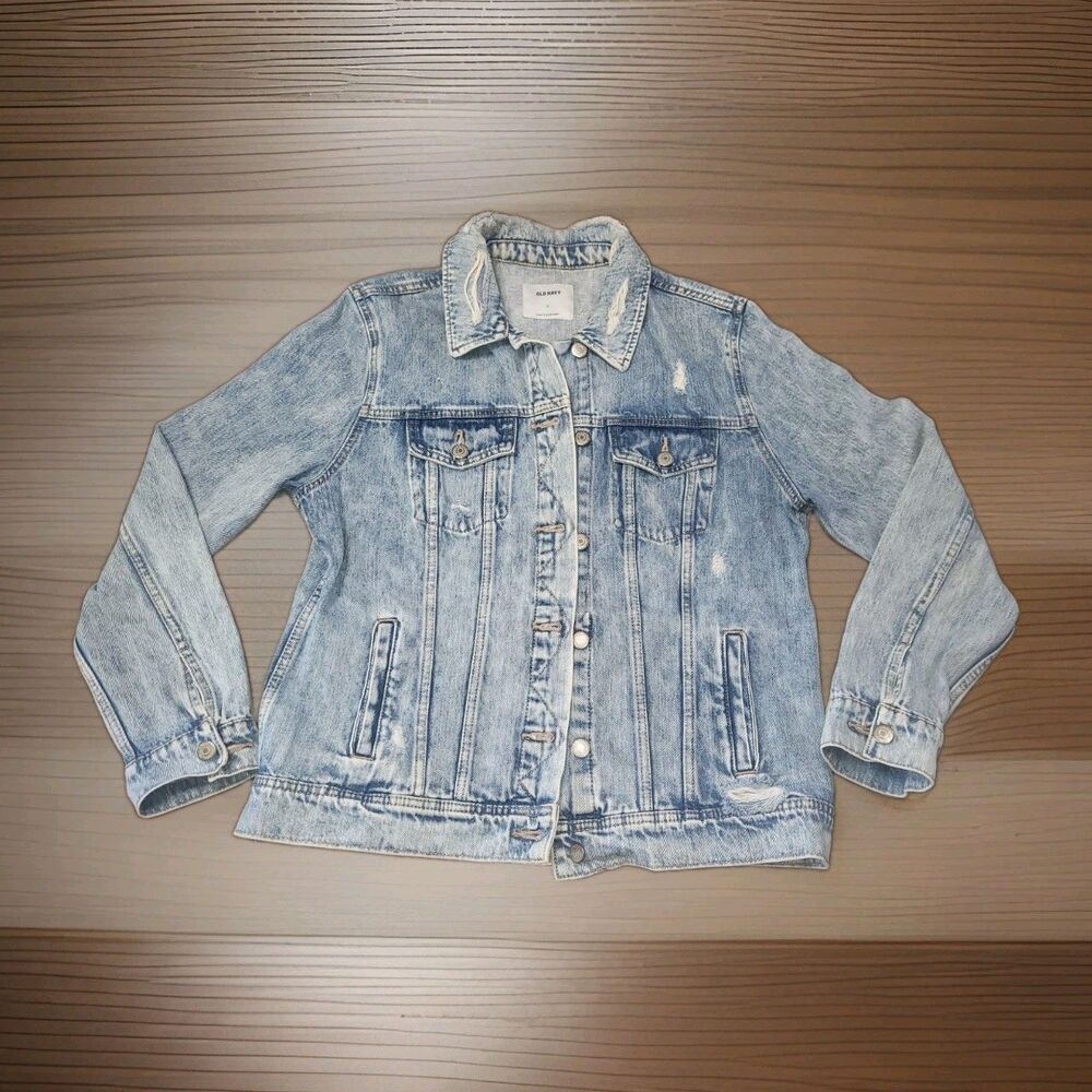Old Navy Women's Distressed Denim Trucker Jacket - Light Wash, Size L